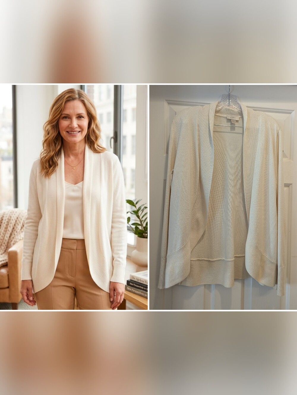 LOFT Ivory Cream Shawl Collar Cotton Knit Open Front Cardigan Sweater Sz L *EUC